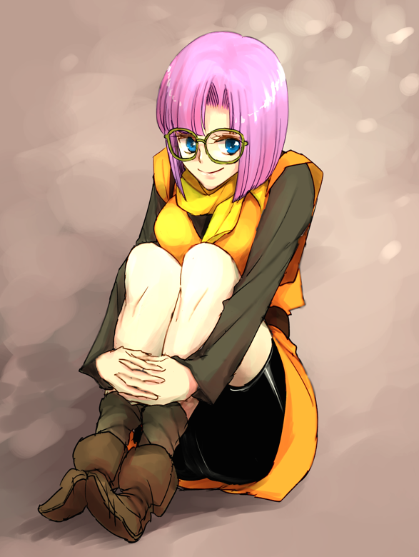 1girl akitaka_(s_asai) bike_shorts blue_eyes breasts chrono_trigger closed_mouth full_body glasses looking_at_viewer lucca_ashtear purple_hair scarf short_hair smile solo