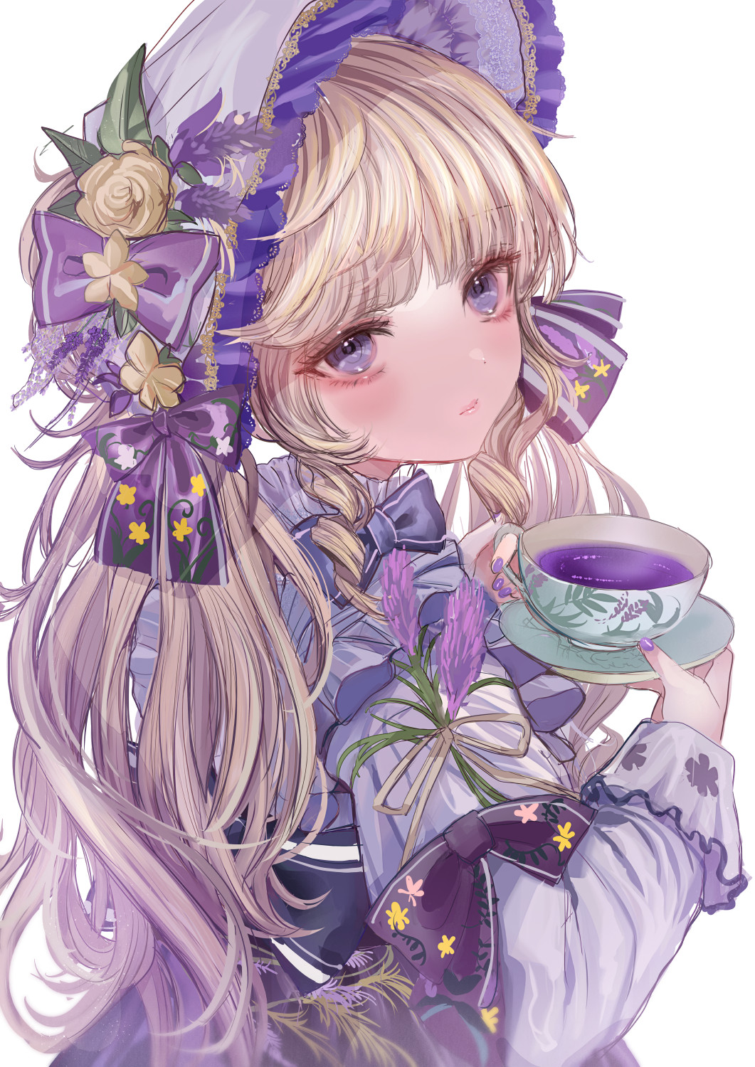 1girl black_bow black_bowtie blunt_bangs blush bonnet bow bowtie brown_hair closed_mouth cup dot_nose drink flower from_side hat hat_flower highres holding holding_drink komorihikki lavender_(flower) lips lolita_fashion long_bangs long_hair long_sleeves looking_at_viewer nail_polish original purple_bow purple_headwear purple_nails saucer shirt sidelocks simple_background solo teacup twintails upper_body violet_eyes white_background white_shirt