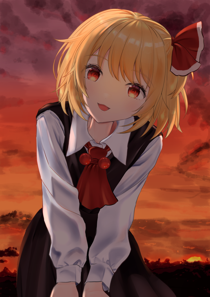 1girl ascot black_skirt black_vest blonde_hair collared_shirt hair_ribbon long_sleeves looking_at_viewer neko_bocchi open_mouth red_ascot red_eyes red_ribbon ribbon rumia shirt short_hair skirt smile solo touhou vest white_shirt