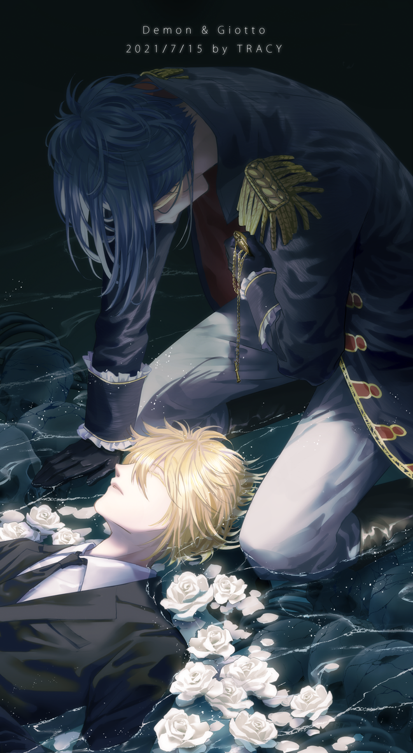 2boys afloat black_background black_footwear black_gloves black_jacket black_necktie blonde_hair blue_coat blue_hair bone boots caustics character_name closed_eyes coat collared_shirt colored_eyelashes daemon_spade dated epaulettes facing_away feet_out_of_frame flower frilled_sleeves frills giotto_(reborn) gloves hair_between_eyes half_updo hand_on_own_chest head_down highres holding holding_pocket_watch jacket katekyo_hitman_reborn kneeling lapels light_particles long_sleeves male_focus multiple_boys necktie notched_lapels open_clothes open_coat pants parted_lips partially_submerged pocket_watch qwer00138 rose shirt short_hair sidelocks skull sleeve_cuffs suit_jacket upper_body watch water white_flower white_pants white_rose white_shirt