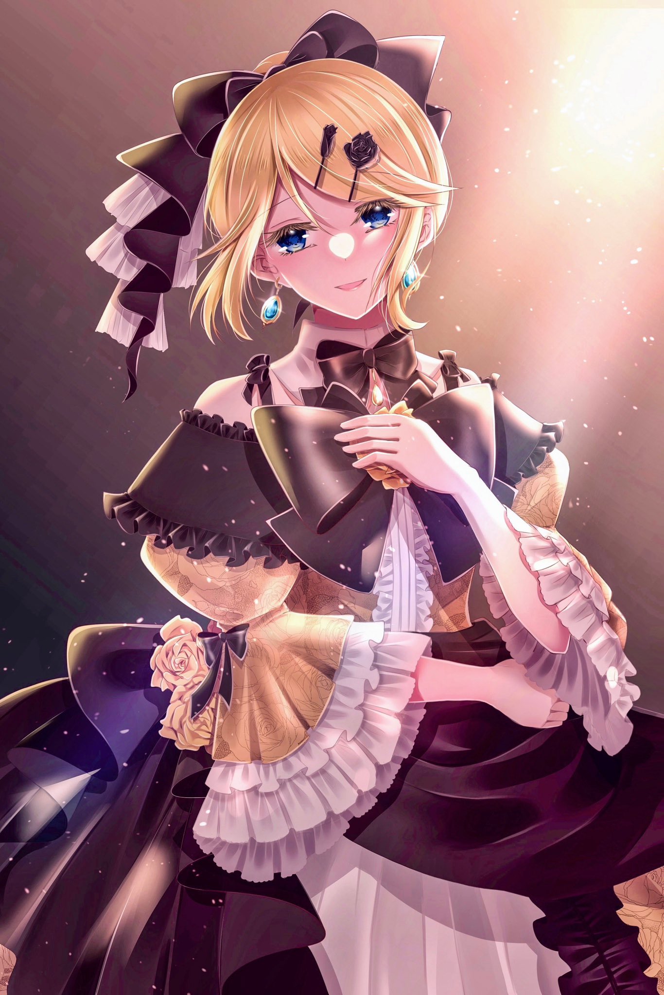 1girl aku_no_musume_(vocaloid) black_bow black_ribbon blonde_hair blue_eyes blue_gemstone bow choker colored_eyelashes detached_collar dress dress_bow dress_flower earrings elbow_rest evillious_nendaiki floral_print flower frilled_bow frilled_sleeves frills gem hair_bow hair_ornament hairclip hand_on_own_chest highres itkedo jewelry kagamine_rin light_particles miku_symphony_(vocaloid) off-shoulder_dress off_shoulder petticoat ribbon riliane_lucifen_d'autriche rose smile solo vocaloid wide_sleeves yellow_dress yellow_flower yellow_rose
