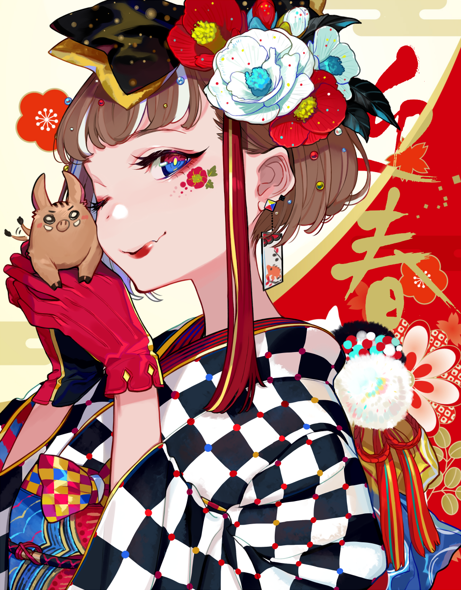 1girl 2019 animal black_bow blonde_hair blue_eyes boar bow brown_hair checkered_clothes checkered_kimono chinese_zodiac closed_mouth earrings eyeshadow facial_tattoo flower flower_tattoo gloves gold_trim hair_bow hair_flower hair_ornament hands_up highres holding holding_animal japanese_clothes jewelry kimono lipstick long_sleeves looking_at_viewer makeup multicolored_hair obi obijime one_eye_closed original red_eyes red_eyeshadow red_flower red_gloves red_kimono red_lips redhead sash short_hair short_hair_with_long_locks sidelocks smile solo streaked_hair tattoo two-tone_eyes upper_body white_flower white_hair white_kimono wide_sleeves year_of_the_pig yellow_bow yuu_(higashi_no_penguin)