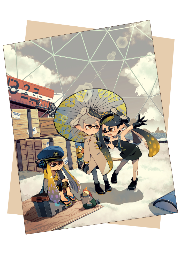 3girls agent_3_(splatoon) alternate_costume armpits beach black_dress black_footwear black_gloves black_hair black_headphones black_shirt black_shorts blonde_hair blue_headwear blush boots bow-shaped_hair brown_eyes brown_sky callie_(splatoon) cargo clenched_hand closed_mouth clouds coat collar collared_coat commentary_request crate cup_on_head dome dress eyelashes food food_on_head frown gloves gradient_hair grey_coat grey_collar grey_hair grey_pantyhose hand_on_own_cheek hand_on_own_face hand_on_own_knee hat holding holding_umbrella hood hood_down hoodie inkling layered_sleeves leaning_forward long_hair long_sleeves looking_at_another marie_(splatoon) mountain multicolored_hair multiple_girls object_on_head ocean oil-paper_umbrella one_eye_closed open_mouth outdoors outstretched_arm pantyhose peaked_cap picture_frame potsupo salmonid sandals shadow shirt short_hair shorts siblings sisters sitting sleeveless sleeveless_dress splatoon_(series) splatoon_3 strap sunlight sushi teeth tentacle_hair toolbox two-tone_hair umbrella white_background yellow_hoodie