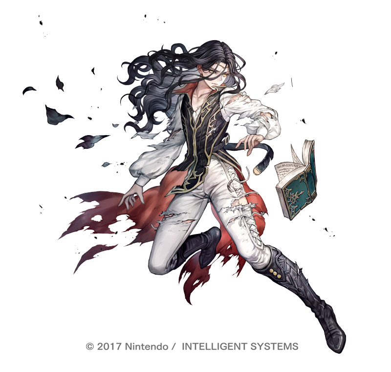 1other androgynous belt black_belt black_footwear black_hair black_jacket book boots circlet closed_mouth collared_jacket copyright cross-laced_clothes fire_emblem fire_emblem:_the_blazing_blade fire_emblem_heroes floating floating_book floating_object full_body hand_up jacket leg_up limstella_(fire_emblem) long_hair long_sleeves looking_at_object magic official_art open_book open_collar other_focus pants parted_bangs senano-yu shirt simple_background sleeveless sleeveless_jacket solo tailcoat torn_clothes torn_jacket torn_pants torn_shirt v-shaped_eyebrows wavy_hair white_background white_pants white_shirt yellow_eyes