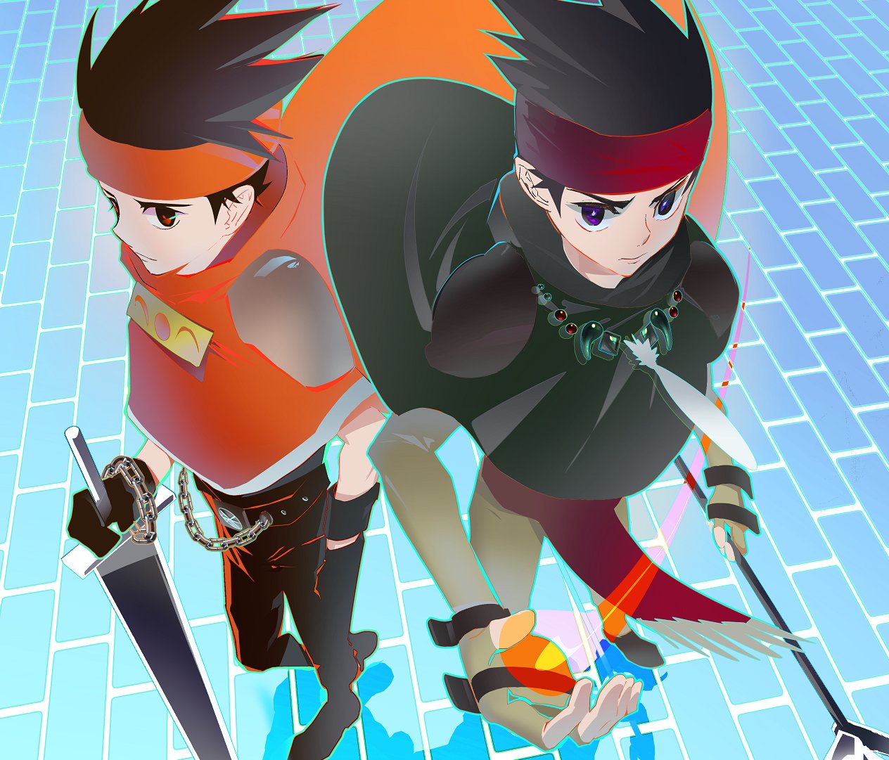 2boys arc_the_lad arc_the_lad_ii bandana belt boots brown_eyes brown_hair cape chain closed_mouth dual_persona elc_(arc_the_lad) fingerless_gloves fire gloves looking_at_viewer magic multiple_boys polearm protected_link save_scene_a short_hair spear sword violet_eyes weapon