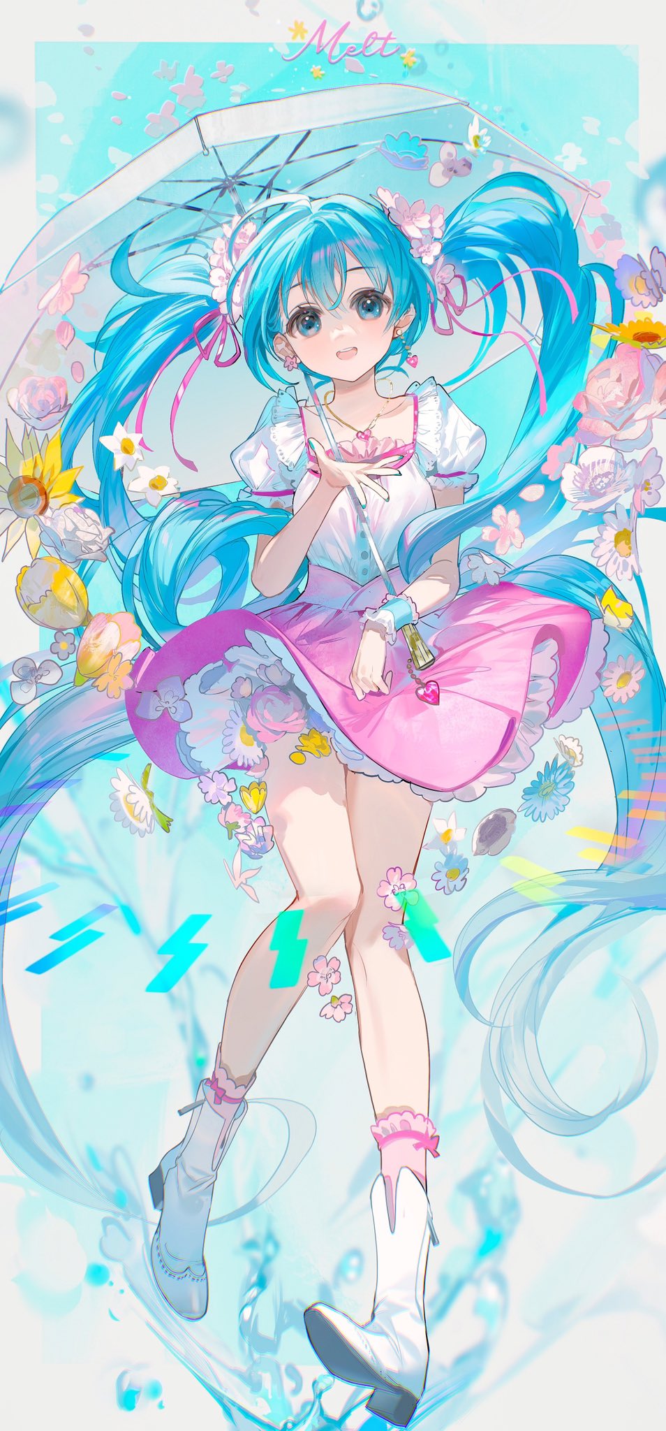 1girl aqua_eyes aqua_hair aqua_nails arm_at_side bare_legs boots cherry_blossoms daisy earrings english_text flower frilled_shirt frills full_body hair_flower hair_ornament hair_ribbon hand_up hatsune_miku heart heart_necklace highres jewelry knees_together_feet_apart long_hair looking_at_viewer melt_(vocaloid) miniskirt mismatched_earrings nail_polish necklace open_mouth outstretched_hand petals petticoat pink_flower pink_ribbon pink_skirt pink_socks puffy_short_sleeves puffy_sleeves ribbon rumoon shirt short_sleeves single_wrist_cuff skirt smile socks solo song_name sunflower teeth tulip twintails umbrella upper_teeth_only vocaloid water water_drop white_flower white_footwear white_shirt wind wind_lift wrist_cuffs yellow_flower