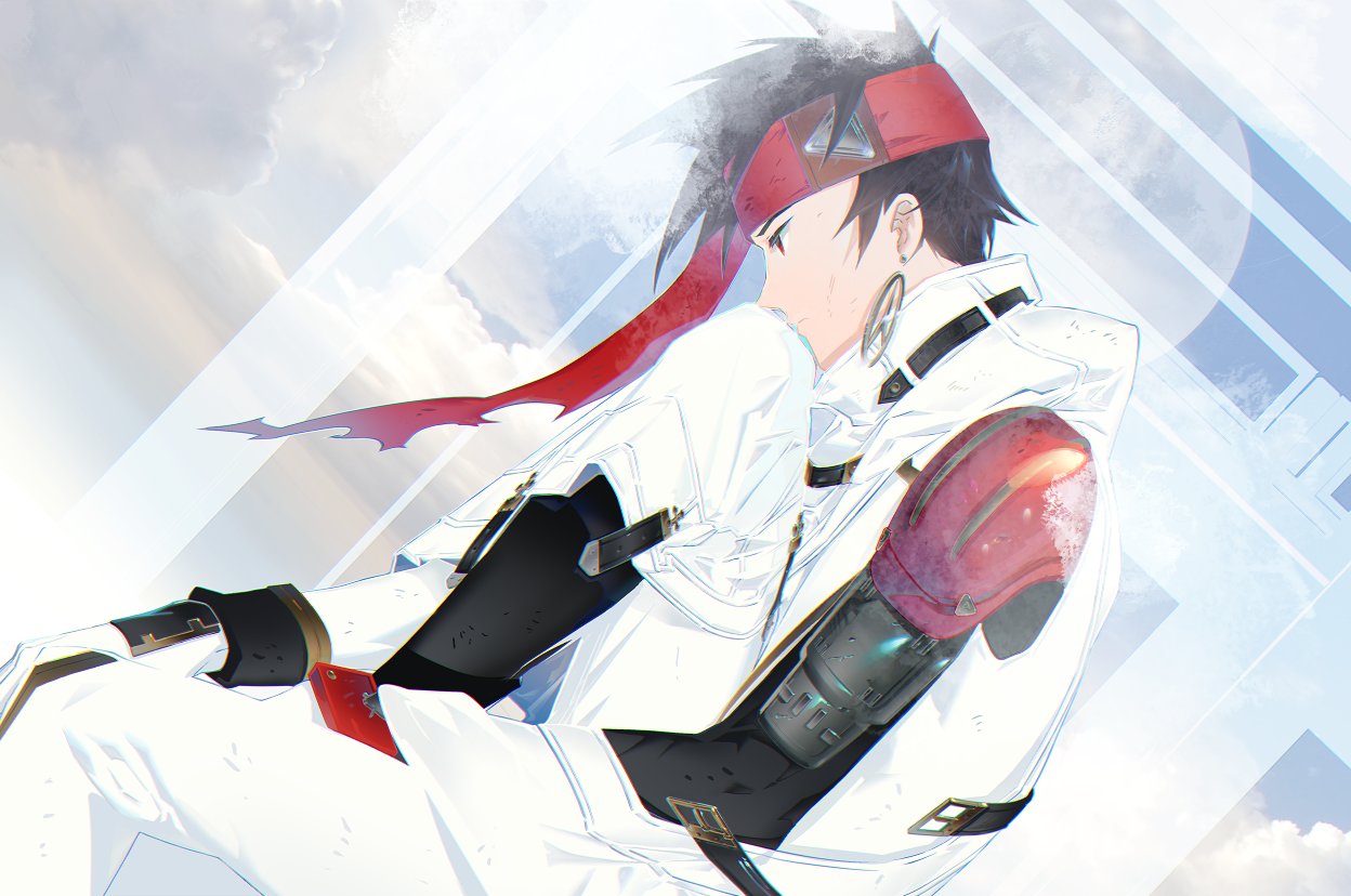 1boy arc_the_lad arc_the_lad_ii bandana black_hair brown_eyes closed_mouth clouds earrings elc_(arc_the_lad) gloves jewelry male_focus military_uniform moon protected_link save_scene_a short_hair solo uniform white_gloves