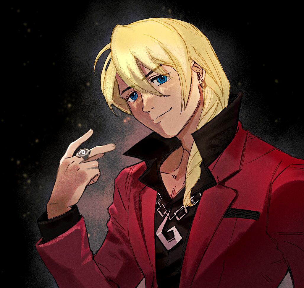 1boy ace_attorney arm_at_side black_background black_shirt blue_eyes breast_pocket chain_necklace closed_mouth drill_hair earrings eyes_visible_through_hair hair_between_eyes head_tilt jacket jewelry klavier_gavin lapels layered_sleeves light_smile looking_at_viewer male_focus medium_hair necklace open_collar pocket popped_collar red_jacket ring shirt simple_background solo suit_jacket swept_bangs tan upper_body v zghwbyl