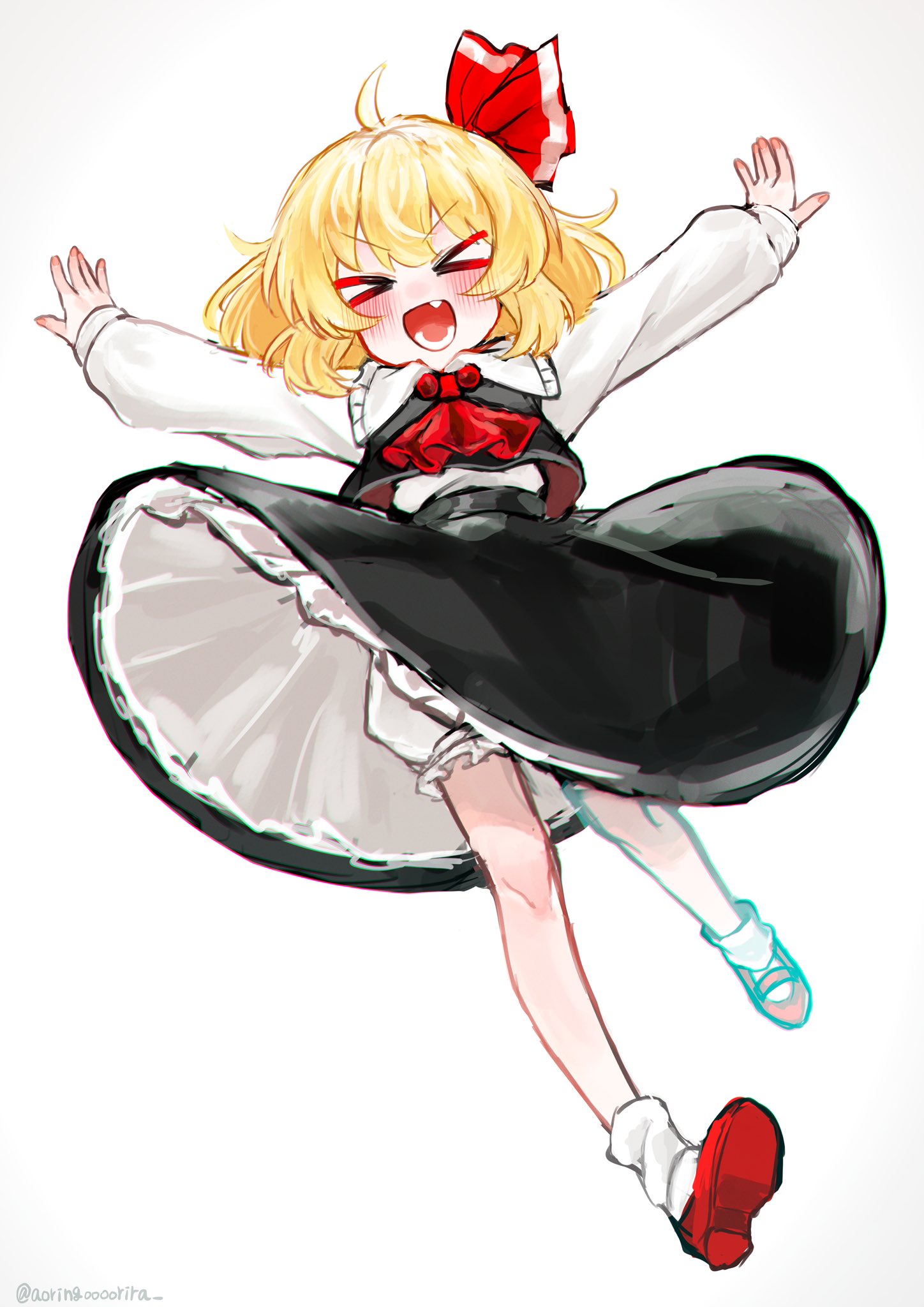 &gt;_&lt; 1girl aorin_oekaki ascot black_skirt black_vest blonde_hair blush collared_shirt fang full_body hair_ribbon highres long_sleeves open_mouth outstretched_arms red_ascot red_footwear red_ribbon ribbon rumia shirt shoes short_hair simple_background skirt smile socks solo spread_arms touhou vest white_background white_shirt white_socks