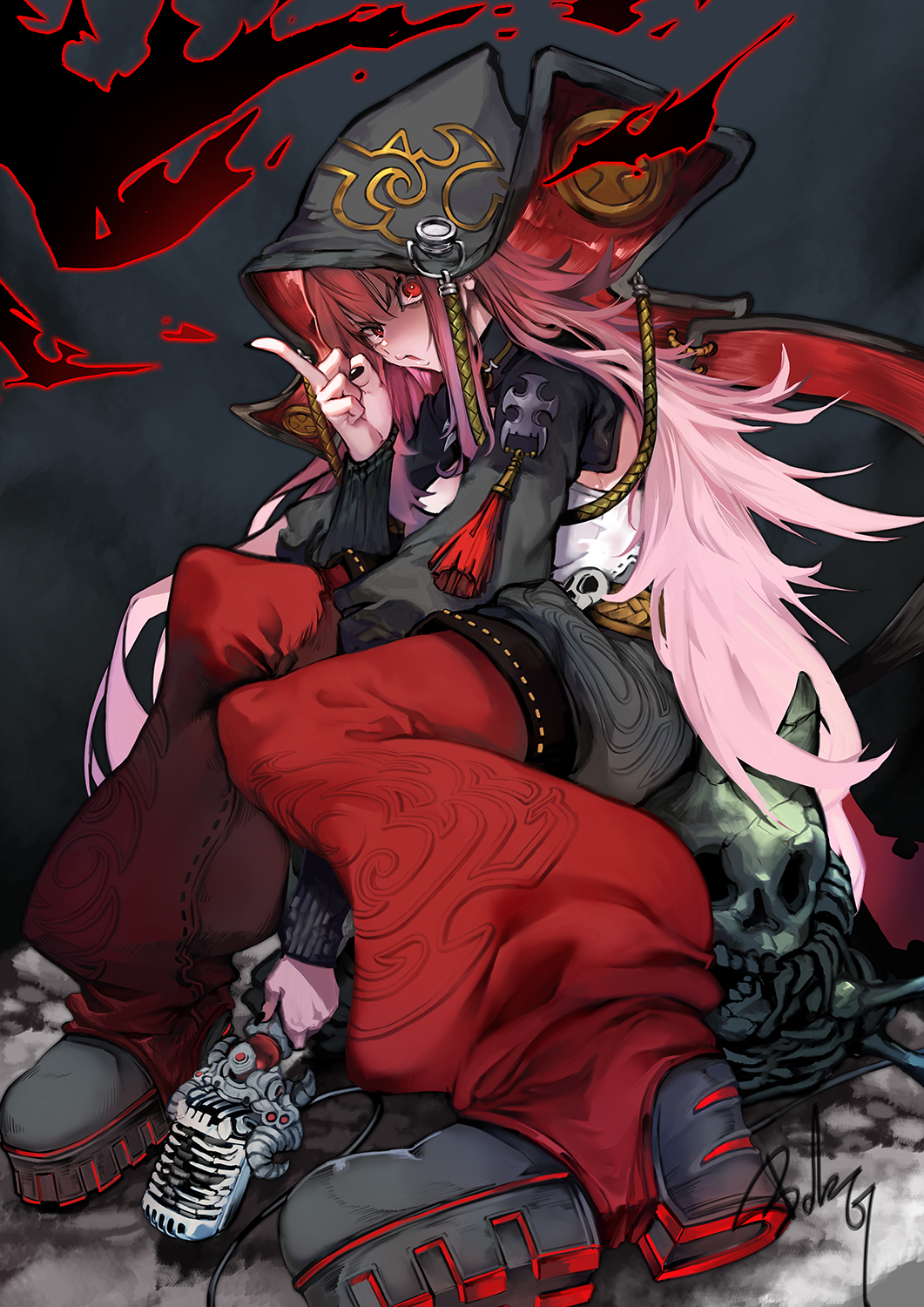 1girl babyg_wong black_nails hair_between_eyes highres holding holding_microphone hololive hololive_english long_hair looking_at_viewer microphone mori_calliope pink_hair red_eyes signature sitting skull solo tagme very_long_hair virtual_youtuber