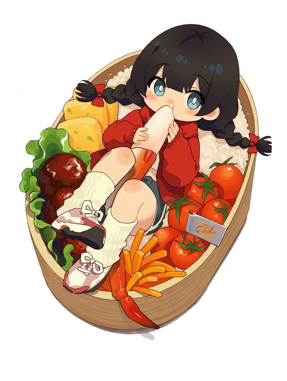 1girl artist_name bento black_hair blue_eyes blue_shorts blunt_bangs blush bow braid bright_pupils cardigan cherry_tomato chibi crab dolphin_shorts eating fiodo food_focus food_in_mouth from_above full_body hair_bow highres kneehighs legs_up lettuce long_hair looking_to_the_side loose_socks low_twin_braids lunchbox lying midriff mini_flag on_back original oversized_food oversized_object red_bow red_cardigan red_footwear rice shirt shoes short_shorts shorts sneakers socks solo tomato transparent_background twin_braids white_pupils white_shirt white_socks