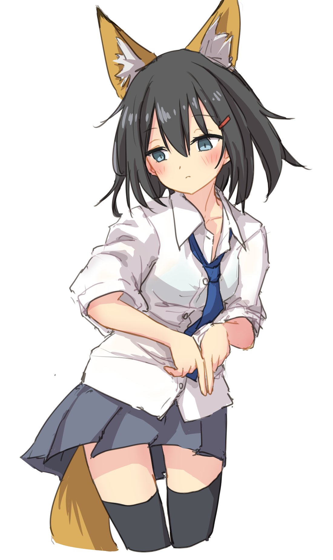 animal_ears black_hair black_thighhighs blue_necktie blush buttons character_request closed_mouth collared_shirt copyright_request extra_ears fox_ears fox_tail grey_eyes grey_skirt hair_between_eyes hair_ornament hairclip highres index_fingers_together long_hair necktie pleated_skirt po0000000000 shirt short_sleeves skirt tail thigh-highs white_background white_shirt