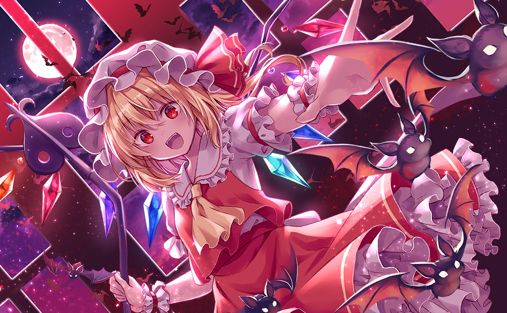 1girl ascot back_bow bat_(animal) blonde_hair blush bow clothes_lift clouds collar collared_vest crystal_wings dutch_angle eyelashes flandre_scarlet frilled_collar frilled_hat frilled_skirt frilled_sleeves frilled_wrist_cuffs frills full_moon game_cg hat hat_ribbon holding holding_weapon indoors kure~pu laevatein_(touhou) looking_at_viewer medium_hair mob_cap moon night night_sky official_art one_side_up open_mouth outstretched_arm puffy_short_sleeves puffy_sleeves reaching reaching_towards_viewer red_bow red_eyes red_ribbon red_skirt red_vest red_wrist_cuffs ribbon shirt short_sleeves skirt skirt_lift skirt_set sky slit_pupils smile star_(sky) striped striped_ribbon teeth third-party_source touhou touhou_cannonball upper_teeth_only vest weapon white_bow white_collar white_headwear white_shirt window wrist_bow yellow_ascot