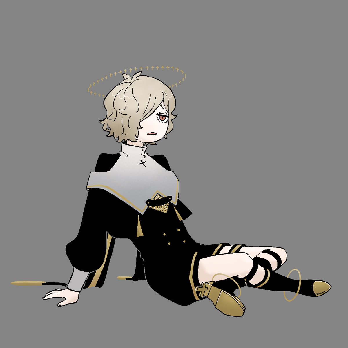 1boy anklet antenna_hair arm_support bags_under_eyes bashauma_kaede black_nails blonde_hair boots capelet commentary_request frown full_body grey_background hair_over_one_eye halo high_heel_boots high_heels highres indian_style jewelry jitome kazehiki_(utau) knee_boots leaning_back long_sleeves looking_ahead male_focus open_mouth puffy_long_sleeves puffy_sleeves raised_eyebrows red_eyes short_hair shorts simple_background sitting sleeve_cuffs solo thigh_strap utau white_capelet
