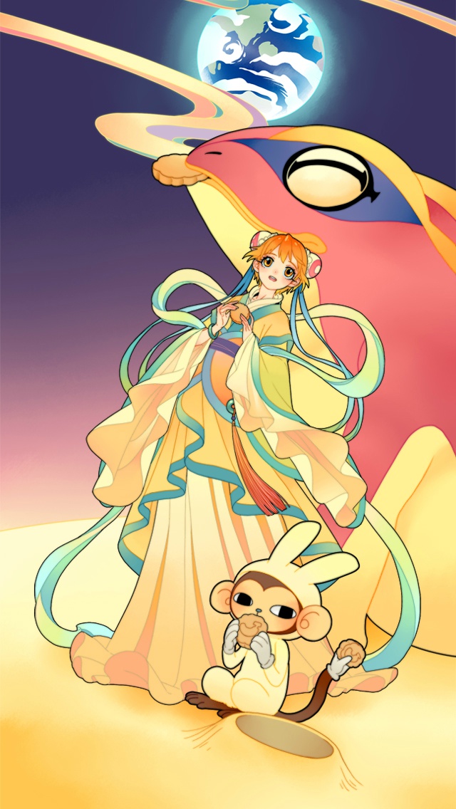 1girl acfun acfun_girl animal_costume bun_cover chinese_clothes clouds double_bun dress earth_(planet) food full_body gloves gradient_sky green_shawl hair_bun hands_up hanfu holding holding_food long_dress long_sleeves looking_at_viewer mid-autumn_festival monkey mooncake mouth_hold official_art orange_eyes orange_hair planet purple_sky rabbit_costume shawl short_hair sky solo square_mouth standing teeth toad_(animal) upper_teeth_only white_gloves wide_sleeves