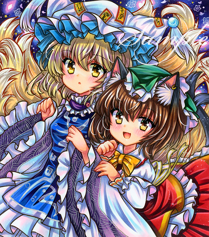 2girls :d :o animal_ear_fluff animal_ear_piercing animal_ears blonde_hair blue_tabard blush bow bowtie breasts brown_eyes brown_hair cat_ears cat_girl cat_tail chen dress embellished_costume fang fox_tail frilled_headwear frilled_shirt_collar frilled_sleeves frills green_headwear hat hat_tassel long_sleeves looking_at_viewer marker_(medium) medium_hair mob_cap multiple_girls multiple_tails ofuda ofuda_on_clothes open_mouth parted_lips red_skirt red_vest rui_(sugar3) sample_watermark shirt skirt skirt_set small_breasts smile tabard tail tassel touhou traditional_media vest watermark white_dress white_headwear white_shirt wide_sleeves yakumo_ran yellow_bow yellow_bowtie yellow_eyes
