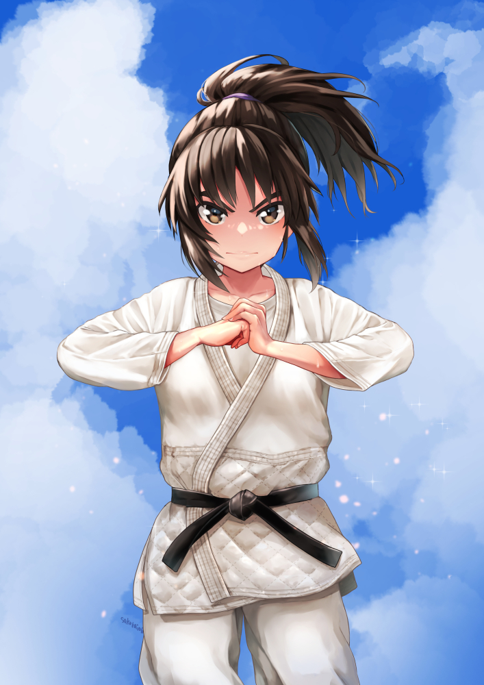 1girl alternate_hairstyle artist_name belt black_belt blue_sky closed_mouth clouds cloudy_sky commentary_request commission cowboy_shot day dougi fist_in_hand frown girls_und_panzer hair_tie hair_up judo karate_gi looking_at_viewer medium_hair murakami_(girls_und_panzer) outdoors pants partial_commentary pixiv_commission ponytail shirt signature sky solo sparkle standing white_pants white_shirt yu_sakurai06