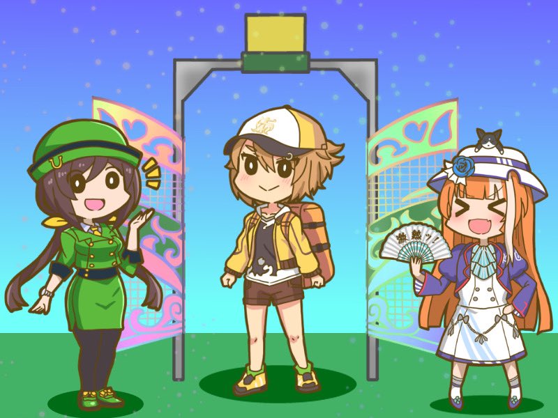 &gt;_&lt; 3girls :&gt; akikawa_yayoi_(umamusume) animal_on_head aqua_ascot backpack bag baseball_bat black_pantyhose blonde_hair blue_flower blue_rose blunt_bangs blunt_ends bowler_hat bright_pupils brown_hair brown_shorts buttons cat cat_on_head chibi closed_jacket collarbone commentary cropped_jacket double-breasted fang flower folding_fan gate green_headwear green_jacket green_skirt hair_between_eyes hand_fan hand_fan_writing hand_on_own_hip hat hat_flower hat_ribbon hayakawa_tazuna holding holding_fan hood hooded_jacket horseshoe_hat_ornament jacket light_brown_hair long_hair long_sleeves low_ponytail mr._ebidou multicolored_hair multiple_girls necktie on_grass on_head open_clothes open_gate open_jacket open_mouth orange_hair pantyhose purple_jacket purple_ribbon ribbon rose satake_mei shadow shoes short_hair short_shorts shorts single_sidelock skin_fang skirt skirt_suit sneakers split_ponytail standing streaked_hair suit two-tone_hair umamusume very_long_hair watch watch white_skirt yellow_footwear yellow_jacket yellow_necktie