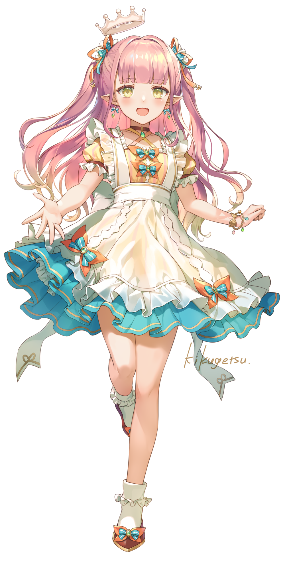 1girl :d artist_name blue_bow blunt_bangs bow crown dress earrings frilled_dress frills full_body gradient_hair hair_bow hair_ribbon highres iriam jewelry kikugetsu long_hair looking_at_viewer multicolored_hair open_mouth orange_bow orange_ribbon pink_hair pointy_ears ribbon simple_background smile solo standing tefumu_chia twintails two_side_up white_background white_dress yellow_eyes