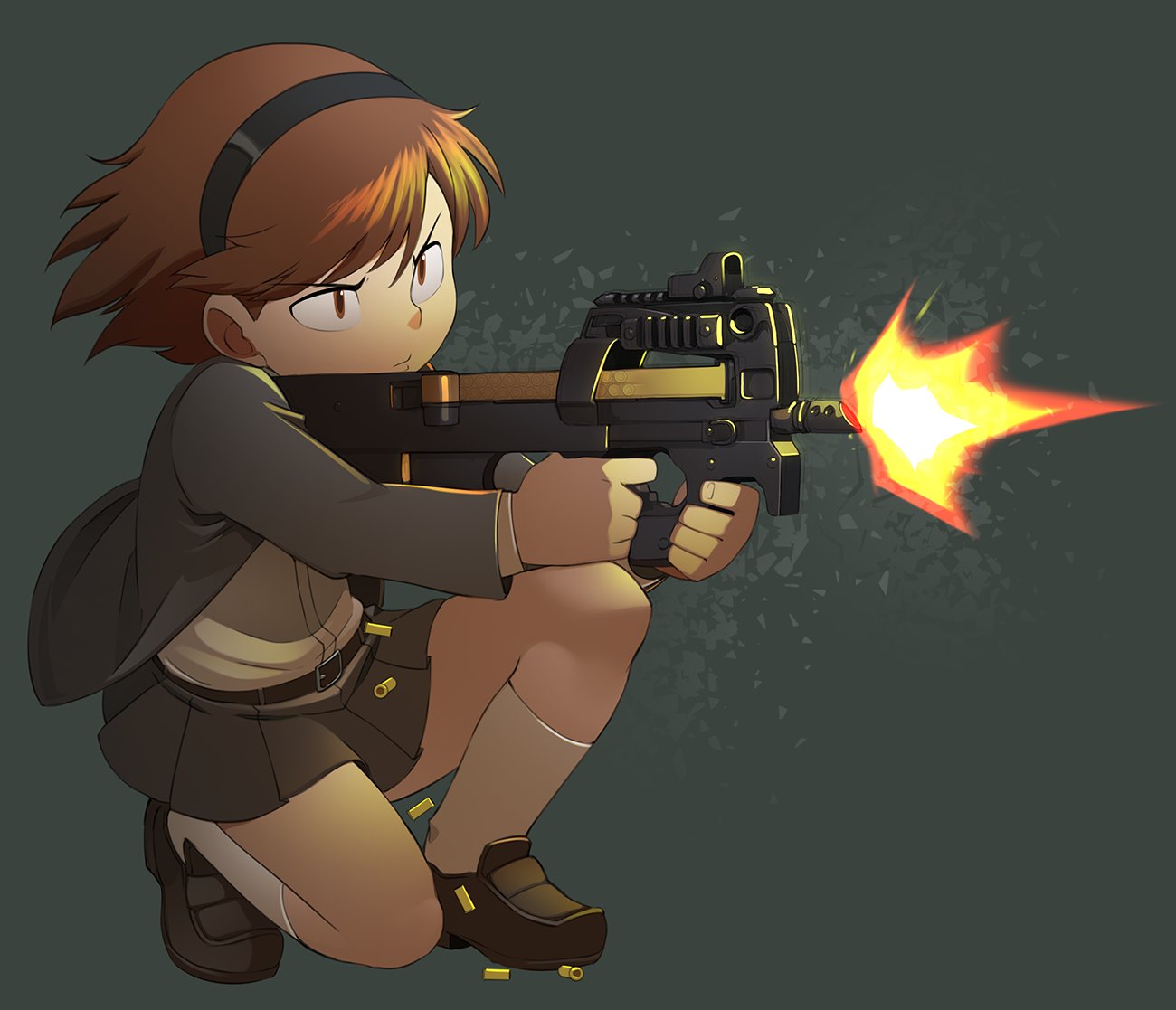 1girl bleedman bob_cut brown_eyes brown_footwear brown_hair bullpup commentary english_commentary firing full_body green_background grey_jacket grey_skirt gun gunslinger_girl hairband henrietta_(gunslinger_girl) holding holding_gun holding_weapon jacket loafers long_sleeves muzzle_flash on_one_knee open_clothes open_jacket p90 pleated_skirt shell_casing shirt shoes short_hair simple_background skirt socks solo submachine_gun v-shaped_eyebrows weapon white_shirt
