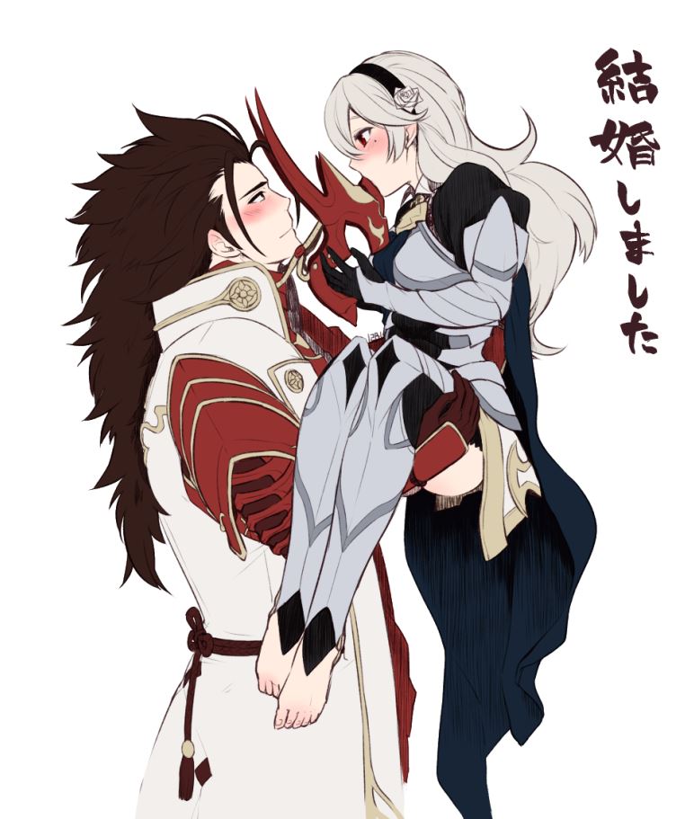 1boy 1girl 2b-pencil black_hairband brown_hair carrying closed_mouth corrin_(female)_(fire_emblem) corrin_(fire_emblem) couple fire_emblem fire_emblem_fates hairband hetero long_hair looking_at_another princess_carry ryoma_(fire_emblem) white_hair
