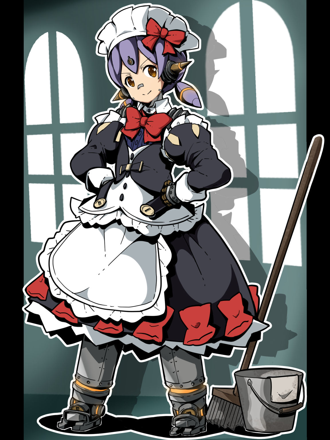 1girl alternate_costume android apron black_dress black_sleeves bow broom brown_eyes bucket closed_mouth cloth commentary_request detached_sleeves dress drop_shadow enmaided frilled_apron frills hands_on_own_hips highena highres holding_rag indoors juliet_sleeves long_sleeves low_twintails maid maid_headdress outline pillarboxed poppi_(xenoblade) puffy_sleeves purple_hair rag red_bow shadow short_twintails smile solo twintails white_apron white_outline window xenoblade_chronicles_(series) xenoblade_chronicles_2