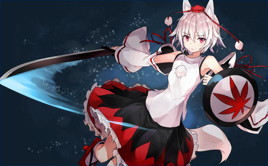 1girl animal_ear_fluff animal_ears arm_shield arm_up armpit_peek black_skirt blue_background clenched_hand closed_mouth detached_sleeves frilled_skirt frills game_cg geta hat hide448 holding holding_sword holding_weapon inubashiri_momiji leaf_print leg_up light_frown long_sleeves looking_back maple_leaf_print miniskirt official_art pom_pom_(clothes) red_eyes red_footwear red_headwear red_ribbon red_skirt ribbon ribbon-trimmed_sleeves ribbon_trim shirt short_hair skirt sleeve_ribbon sleeveless sleeveless_shirt socks sword tabi tail tengu-geta third-party_source tokin_hat touhou touhou_cannonball turtleneck two-tone_skirt weapon white_hair white_shirt white_sleeves white_socks wide_sleeves wolf_ears wolf_tail