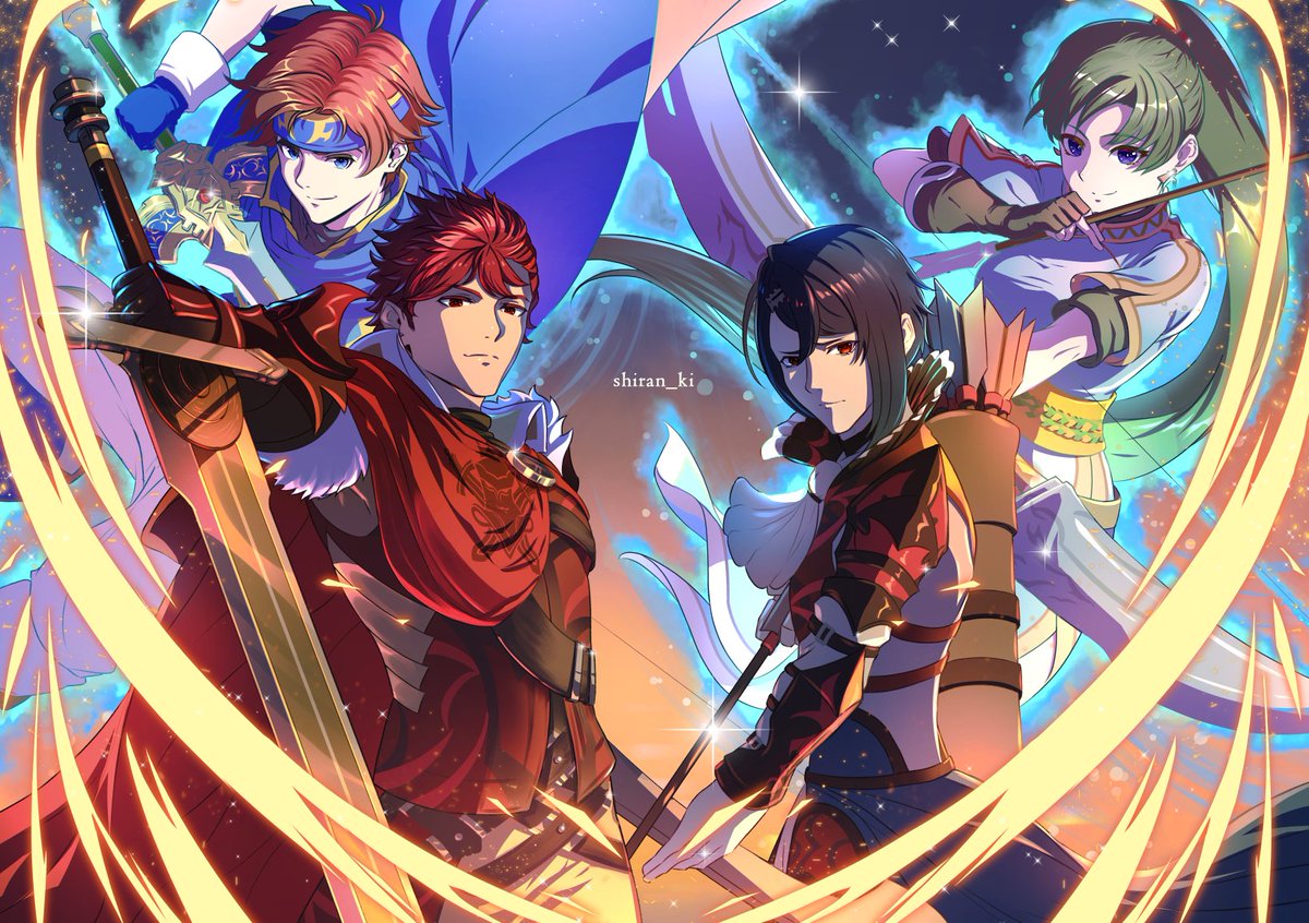 1girl 3boys alcryst_(fire_emblem) armor arrow_(projectile) ascot black_gloves blue_eyes blue_hair bow_(weapon) brothers cape closed_mouth diamant_(fire_emblem) fire_emblem fire_emblem:_the_binding_blade fire_emblem:_the_blazing_blade fire_emblem_engage fire_emblem_heroes fur_trim gloves green_hair hair_between_eyes hair_ornament hairclip headband holding holding_sword holding_weapon long_hair long_sleeves looking_at_viewer lyn_(fire_emblem) male_focus multiple_boys ponytail red_eyes redhead roy_(fire_emblem) shiran_ki shirt short_hair shoulder_armor siblings smile sword weapon white_ascot white_shirt