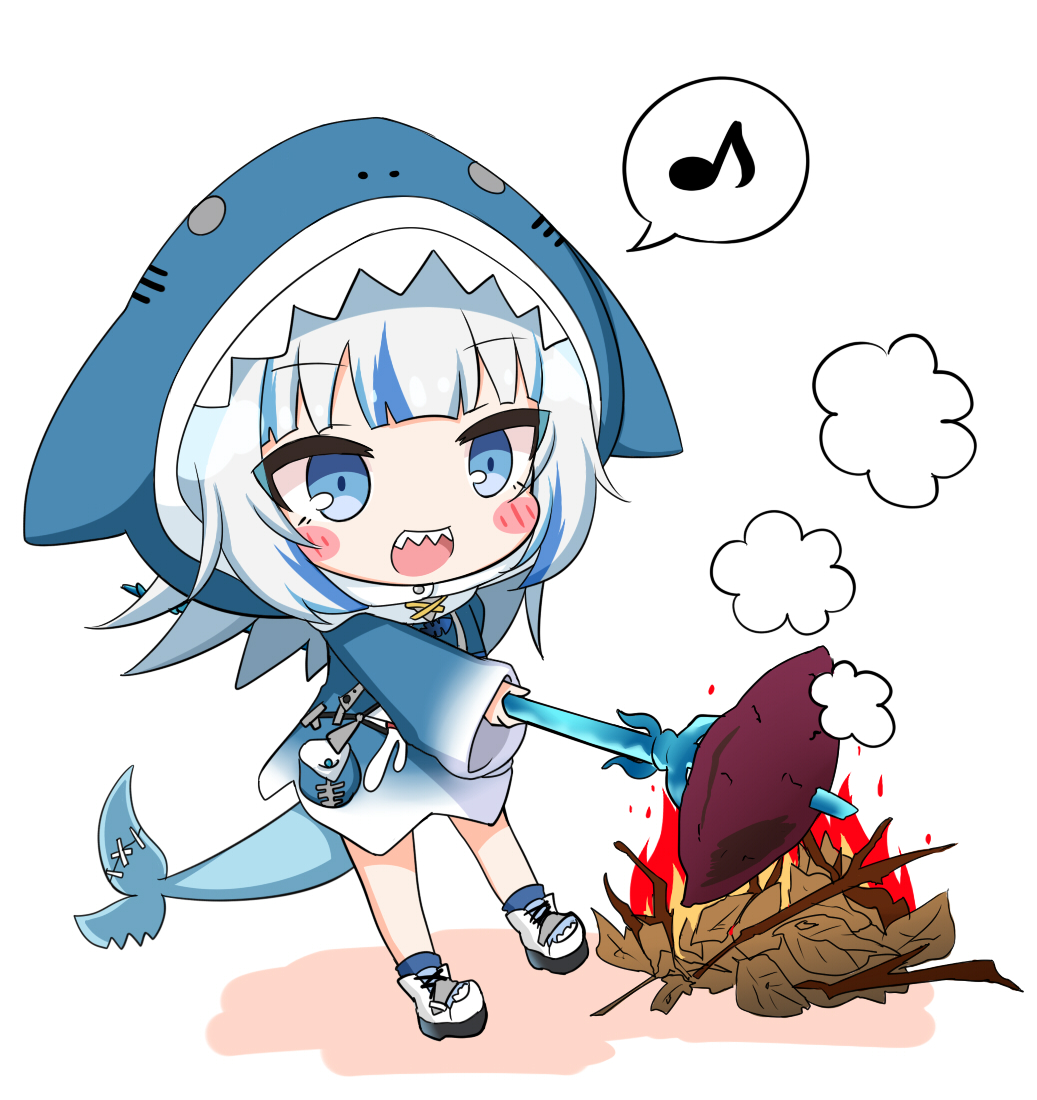 1girl :d animal_hood blue_eyes blue_hair blue_hoodie blue_socks blush_stickers chibi colored_shadow commentary_request drawstring eighth_note fins fire fish_tail food full_body gawr_gura grey_hair holding_trident hololive hololive_english hood hood_up hoodie komakoma_(magicaltale) leaf_pile multicolored_hair musical_note roasted_sweet_potato shadow shark_hood shark_tail sharp_teeth shoes simple_background smile socks solo spoken_musical_note standing streaked_hair sweet_potato tail teeth virtual_youtuber white_background white_footwear