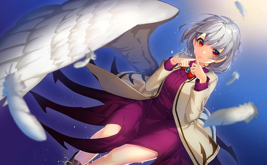1girl arrow_print blue_background bow bowtie brown_footwear brown_jacket closed_mouth crossed_fingers dress eyelashes feathered_wings feathers game_cg gem green_gemstone jacket kishin_sagume layered_sleeves light_smile long_sleeves looking_at_viewer loose_hair_strand nonomaro official_art open_clothes open_jacket purple_dress red_bow red_bowtie red_eyes short_dress short_hair single_wing sun third-party_source touhou touhou_cannonball white_hair white_wings wings