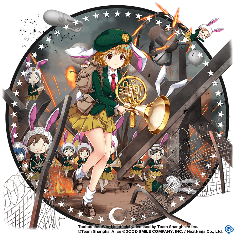 6+girls alternate_costume animal_ears backpack bag beret blue_hair brown_footwear brown_hair closed_mouth collared_shirt commentary copyright_name dango english_commentary food full_body game_cg green_jacket grey_hair hat holding holding_weapon jacket looking_at_viewer lunatic_gun military_uniform multiple_girls necktie pleated_skirt rabbit_ears rabbit_girl rabbit_tail red_eyes red_necktie ringo_(touhou) ringo_(touhou)_(eagle_ravi_special_forces) rotte_(1109) shirt short_hair skirt socks solo_focus tail third-party_source touhou touhou_lost_word uniform v-shaped_eyes wagashi weapon white_shirt white_socks x_x yellow_skirt
