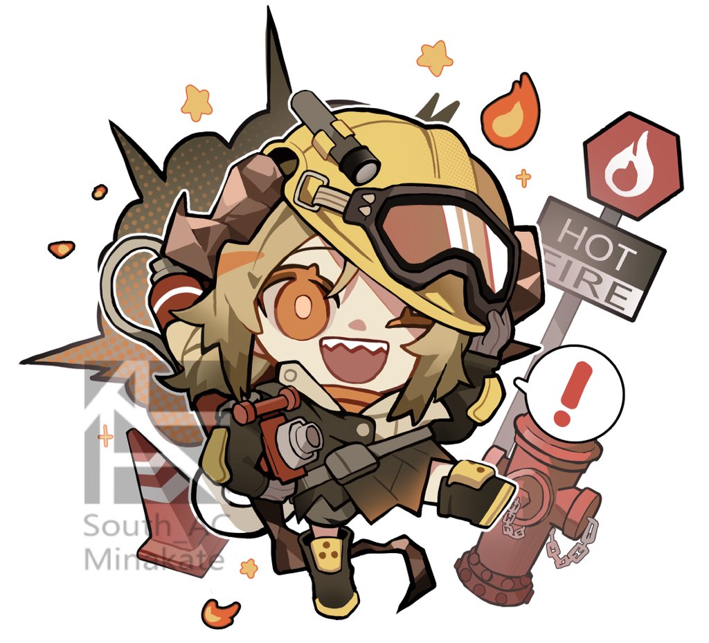 1girl arknights black_dress black_footwear blonde_hair boots chibi dress fire fire_extinguisher fire_hydrant gloves grey_gloves horns ifrit_(arknights) long_sleeves one_eye_closed open_mouth road_sign sharp_teeth short_twintails sign simple_background smile solo south_ac standing standing_on_one_leg stop_sign teeth traffic_cone twintails white_background