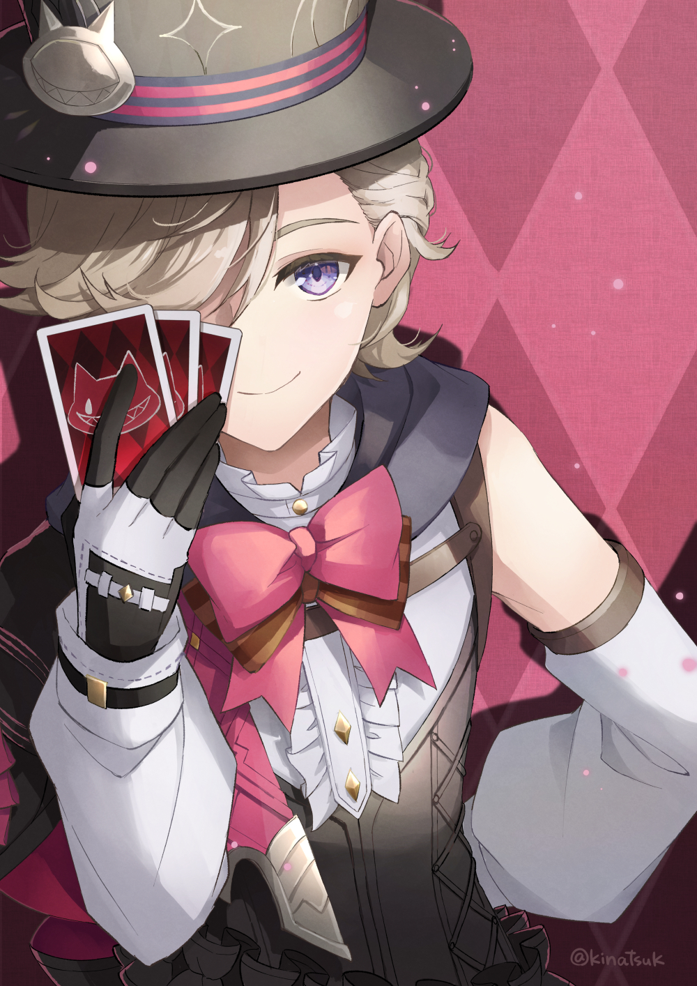 1boy argyle argyle_background arm_behind_back black_corset black_gloves black_headwear blonde_hair bow bowtie card center_frills closed_mouth commentary corset detached_sleeves frilled_shirt frills genshin_impact gloves hair_behind_ear hair_over_one_eye hand_up hat highres holding holding_card hood hood_down hooded_shirt long_sleeves looking_at_viewer lyney_(genshin_impact) male_focus one_eye_covered pink_bow pink_bowtie playing_card rare_(user_vxhu8375) red_background shirt short_hair sidelocks signature simple_background smile solo top_hat upper_body violet_eyes white_shirt white_sleeves