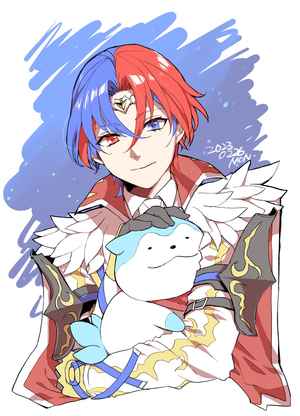 1boy alear_(fire_emblem) alear_(male)_(fire_emblem) armor blue_eyes blue_hair cape circlet closed_mouth feather_trim fire_emblem fire_emblem_engage hair_between_eyes heterochromia high_collar highres holding long_sleeves looking_at_viewer mojiyama multicolored_hair official_alternate_costume red_eyes redhead short_hair solo sommie_(fire_emblem) two-tone_hair
