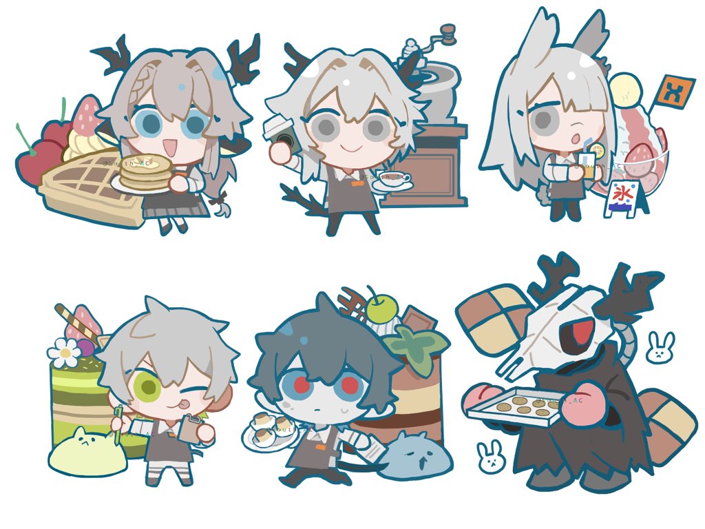 3boys 3girls :p alina_(arknights) animal_ears animal_skull antlers arknights black_coat black_dress black_hair blue_eyes checkerboard_cookie cherry chibi coat cookie deer_ears dress faust_(arknights) food frostnova_(arknights) fruit gloves green_eyes grey_eyes grey_hair holding holding_plate horns long_hair low-tied_long_hair matcha_(food) mephisto_(arknights) multiple_boys multiple_girls one_eye_closed open_mouth pancake patriot_(arknights) pink_gloves plate rabbit_ears red_eyes shaved_ice simple_background smile south_ac talulah_(arknights) tongue tongue_out very_long_hair waffle white_background