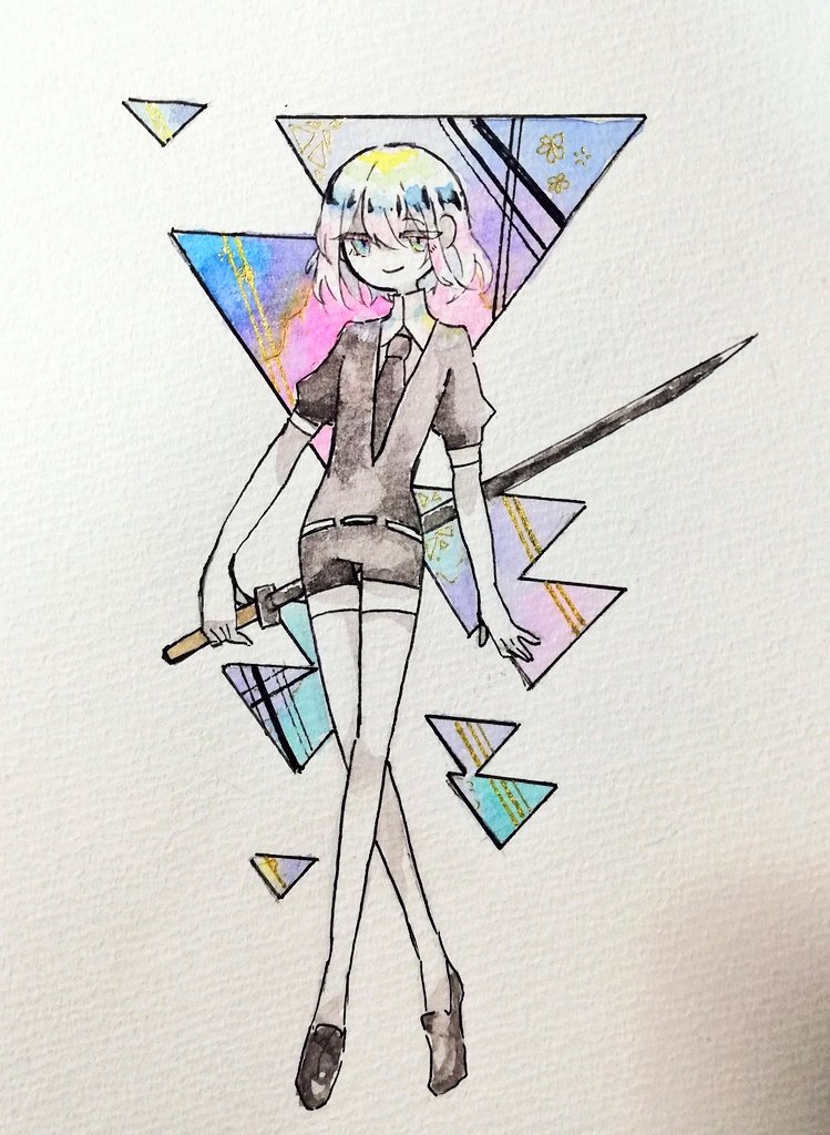 1other black_jacket black_necktie black_shorts closed_mouth collared_shirt diamond_(houseki_no_kuni) elbow_gloves full_body gem_uniform_(houseki_no_kuni) gloves gradient_hair holding holding_sword holding_weapon houseki_no_kuni jacket looking_at_viewer multicolored_hair necktie puffy_short_sleeves puffy_sleeves shirt short_sleeves shorts smile solo standing sword thigh-highs triangle wakame_031412 weapon white_gloves white_shirt white_thighhighs