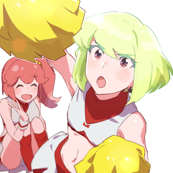 1boy 1girl :d :o aina_ardebit alternate_costume arm_up blonde_hair cheering cheerleader crossdressing knees_to_chest knees_up lio_fotia male_focus matching_outfits ns1123 otoko_no_ko pink_hair pom_pom_(cheerleading) promare short_hair side_ponytail simple_background sitting smile solo_focus violet_eyes white_background