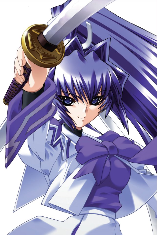 1girl bou breasts english_commentary hakuryou_high_school_uniform holding holding_sword holding_weapon katana looking_at_viewer medium_breasts mitsurugi_meiya muv-luv official_art ponytail purple_shirt school_uniform shirt shirt_tucked_in simple_background skirt smile solo sword weapon white_background white_shirt white_skirt