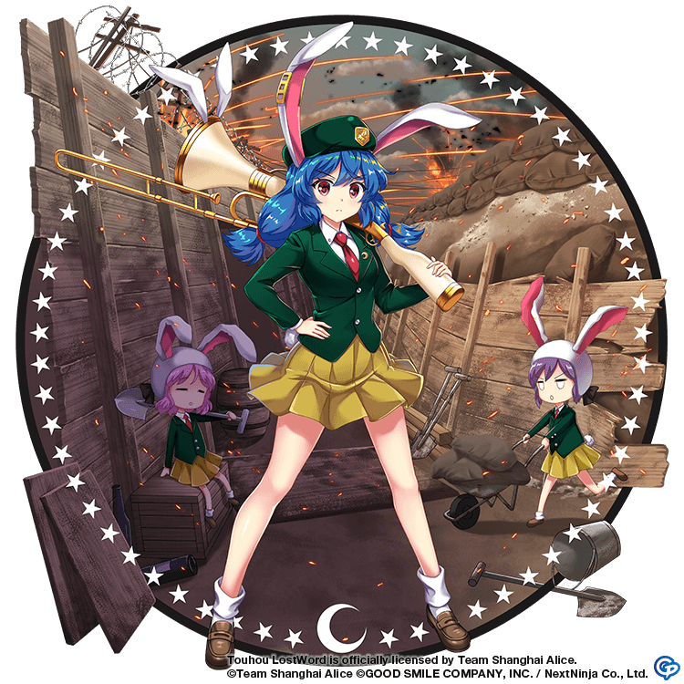 3girls alternate_costume beret blue_hair brown_footwear closed_mouth collared_shirt commentary copyright_name crescent_moon earclip english_commentary full_body game_cg green_jacket gun hat holding holding_gun holding_shovel holding_weapon jacket long_hair looking_at_viewer low_twintails lunatic_gun medium_hair moon multiple_girls necktie pink_hair pleated_skirt purple_hair rabbit_tail red_eyes red_necktie rotte_(1109) seiran_(touhou) seiran_(touhou)_(eagle_ravi_special_forces) shirt short_hair shovel skirt socks solo_focus standing star_(symbol) tail third-party_source touhou touhou_lost_word twintails weapon wheelbarrow white_shirt white_socks yellow_skirt