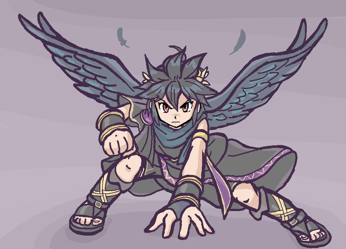 1boy angel angel_wings black_hair clenched_hand dark_pit feathers full_body gardear058 grey_background kid_icarus kid_icarus_uprising laurel_crown looking_at_viewer red_eyes solo v-shaped_eyebrows wings