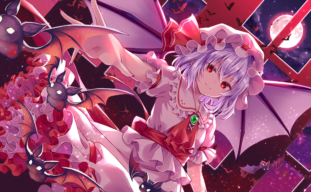 1girl ascot back_bow bat_(animal) bat_wings blouse bow clothes_lift clouds collared_shirt eyelashes fingernails frilled_hat frilled_shirt_collar frilled_skirt frilled_sleeves frills full_moon game_cg gem green_gemstone hat hat_ribbon indoors kure~pu light_purple_hair looking_at_viewer mob_cap moon night night_sky official_art outstretched_arm parted_lips puffy_short_sleeves puffy_sleeves reaching reaching_towards_viewer red_ascot red_bow red_eyes red_ribbon red_sash remilia_scarlet ribbon ribbon-trimmed_skirt ribbon_trim sash sharp_fingernails shirt short_hair short_sleeves skirt skirt_lift skirt_set sky smirk striped striped_ribbon third-party_source touhou touhou_cannonball white_headwear white_shirt white_skirt window wings