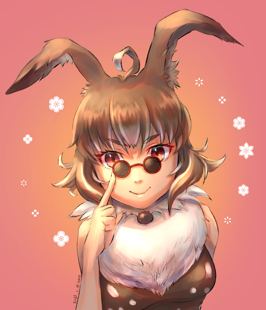 &gt;:) 1girl 2023 adjusting_eyewear ahoge animal_ears artist_name breasts brown_hair cactus41747280 closed_mouth dated final_fantasy final_fantasy_xi floppy_ears hand_up index_finger_raised looking_at_viewer medium_breasts multicolored_hair personification pince-nez rabbit_ears rabbit_girl red-framed_eyewear red_eyes short_hair smile solo streaked_hair two-tone_hair upper_body v-shaped_eyebrows white_hair