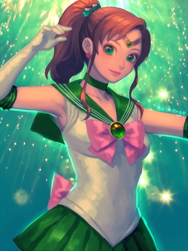 1girl arm_up artist_name back_bow bellhenge bishoujo_senshi_sailor_moon bow bowtie brown_hair choker circlet closed_mouth collared_leotard earrings elbow_gloves english_commentary eyelashes flower flower_earrings gem gloves green_background green_choker green_eyes green_gemstone green_sailor_collar green_skirt hair_bobbles hair_ornament jewelry leotard lipstick looking_at_viewer makeup medium_hair miniskirt outstretched_arm pink_bow pink_bowtie pink_flower pink_lips pink_rose ponytail rose sailor_collar sailor_jupiter sidelocks skirt smile sparkle thick_eyebrows white_gloves white_leotard
