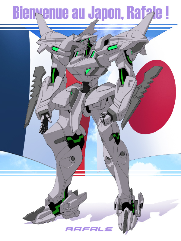clenched_hand clouds french_commentary french_flag french_text full_body green_eyes japanese_flag looking_ahead mecha muv-luv muv-luv_alternative official_art open_hand rafale_(muv-luv) robot sky standing tactical_surface_fighter the_euro_front