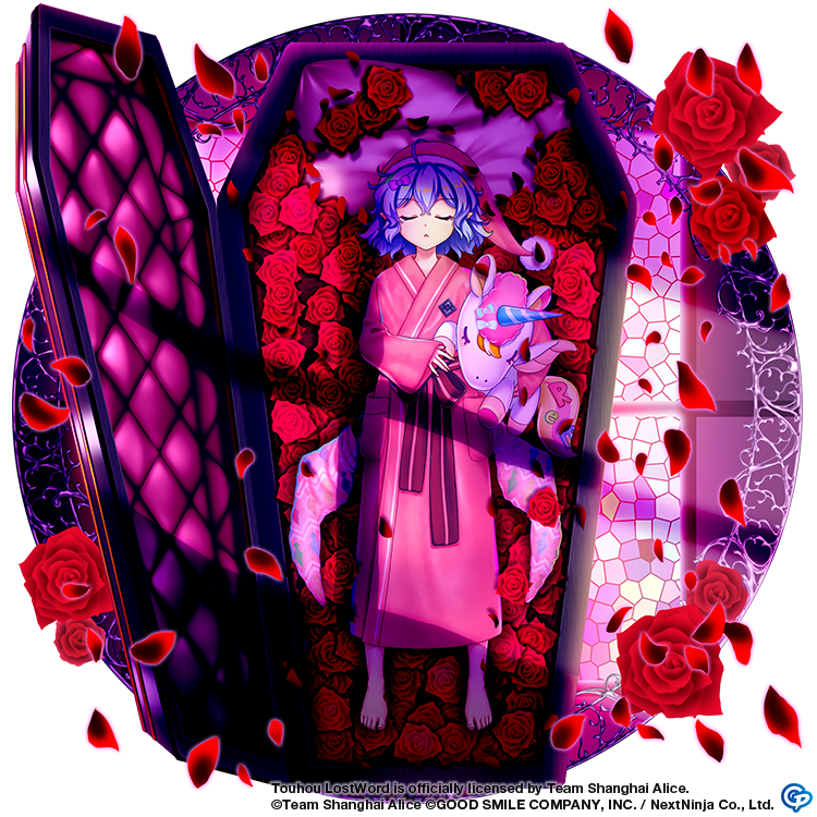 1girl alternate_costume barefoot bat_wings closed_eyes coffin commentary copyright_name english_commentary facing_viewer flower full_body game_cg hat japanese_clothes kimono looking_at_viewer lying nightcap on_back pink_headwear pink_kimono purple_hair red_flower red_rose remilia_scarlet remilia_scarlet_(luxury_stay_in_a_private_room) rose rotte_(1109) short_hair sleeping solo stuffed_unicorn third-party_source touhou touhou_lost_word wings yukata