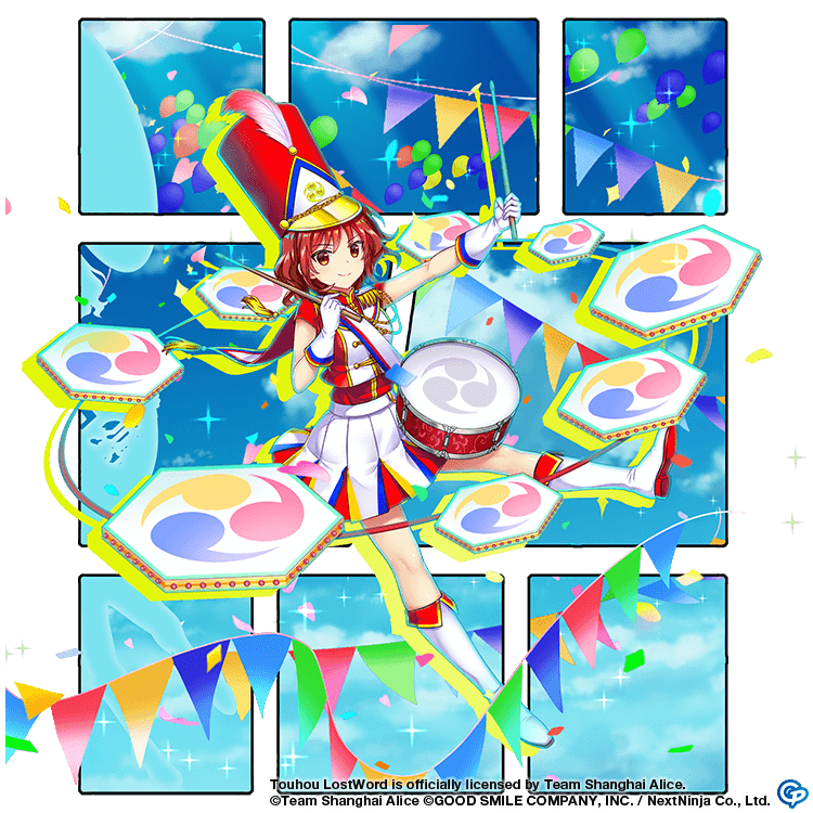 1girl alternate_costume balloon blue_sky boots closed_mouth clouds commentary copyright_name drum drum_set drumsticks english_commentary full_body game_cg gloves hat holding holding_drumsticks horikawa_raiko horikawa_raiko_(prism_march_snare) instrument looking_at_viewer marching_band merlin_prismriver mitsudomoe_(shape) multicolored_clothes multicolored_skirt peaked_cap red_eyes red_headwear redhead rotte_(1109) shirt short_hair silhouette skirt sky smile solo third-party_source tomoe_(symbol) touhou touhou_lost_word white_footwear white_gloves white_shirt