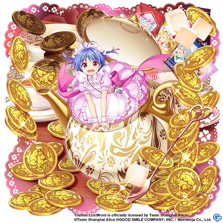 1girl :d alternate_costume blue_hair coin commentary copyright_name dress english_commentary flandre_scarlet full_body game_cg izayoi_sakuya looking_at_viewer maid maid_headdress open_mouth patchouli_knowledge pink_dress pink_eyes remilia_scarlet rotte_(1109) short_hair short_sleeves smile solo spoon sukuna_shinmyoumaru sukuna_shinmyoumaru_(the_mansion's_smallest_maid) teapot third-party_source touhou touhou_lost_word