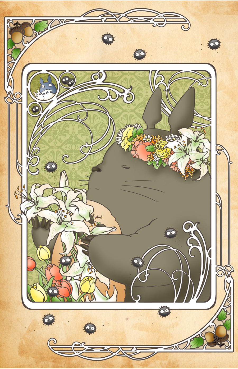 1boy acorn art_nouveau bouquet closed_eyes closed_mouth daisy flower flower_wreath highres holding holding_bouquet leaf lily_(flower) no_humans red_flower red_tulip rose smile studio_ghibli susuwatari tonari_no_totoro totoro tulip whiskers yellow_flower yellow_rose yellow_tulip zzzeus