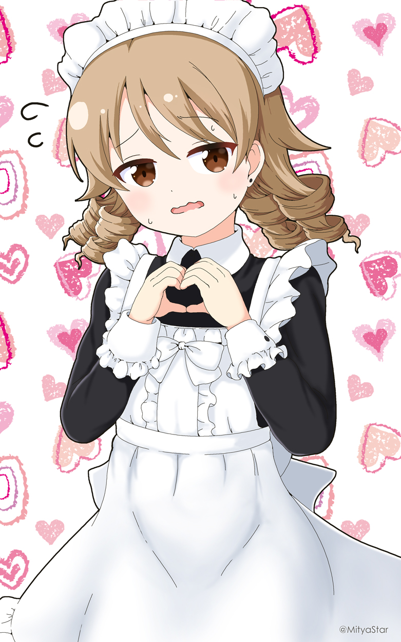 1girl alternate_costume apron black_dress brown_eyes brown_hair collared_dress commentary_request dress earrings enmaided flying_sweatdrops frilled_apron frills hands_up heart heart_background heart_hands highres idolmaster idolmaster_cinderella_girls jewelry long_hair long_sleeves maid maid_apron maid_headdress mitya morikubo_nono parted_lips ringlets simple_background solo stud_earrings sweat wavy_mouth white_apron white_background