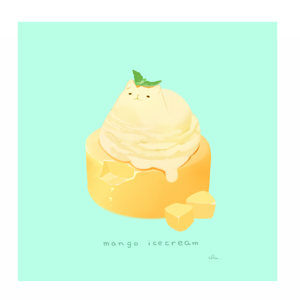 :3 animal-themed_food border cat chai_(drawingchisanne) commentary_request food food_focus green_background ice_cream mango melting mint no_humans original signature simple_background solid_oval_eyes white_border